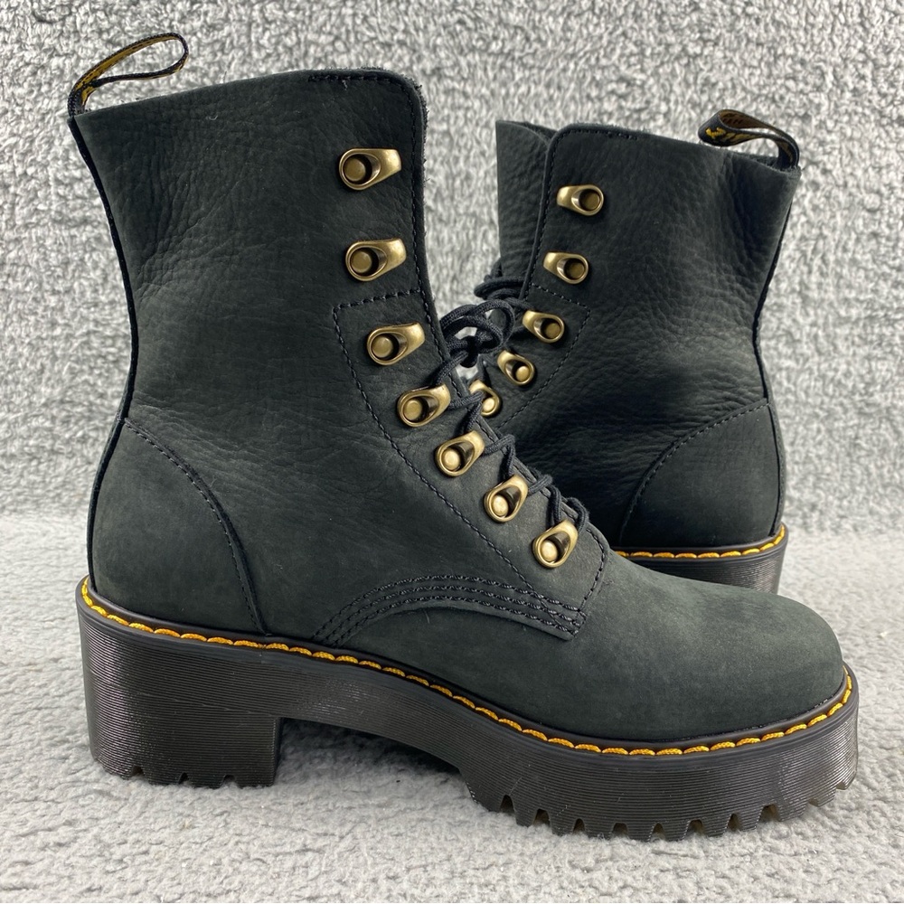 NEW Dr. Martens Leona Combat Boot Leather Black Milled Nubuck Womens 8 Lace Up - Picture 10 of 14